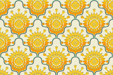 Ethnic pattern. Kerchief Pattern. Silk neck scarf. Bandana Print. Headscarf. Floral vintage style. Indonesian batik. Textile, Fabric, Tile, Clothing. Tribal texture. Vector. Blue, Red, Gold, Yellow.