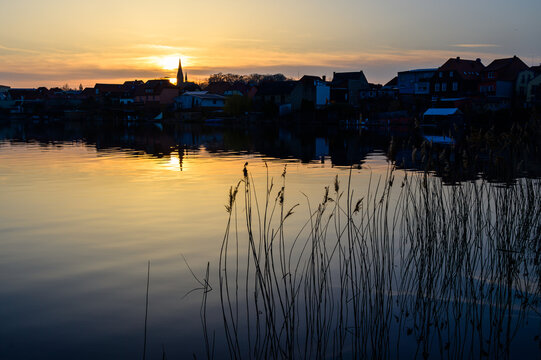 View to the island town Malchow during sunset, Mecklenburg Western Pomerania - Germany