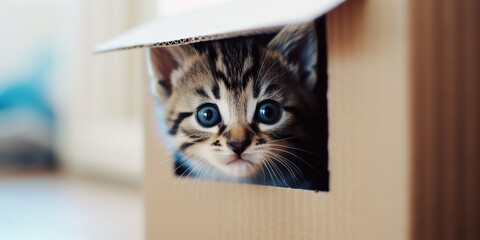 curious kitten poking its head out of box exploring the world around it, created with Generative AI technology