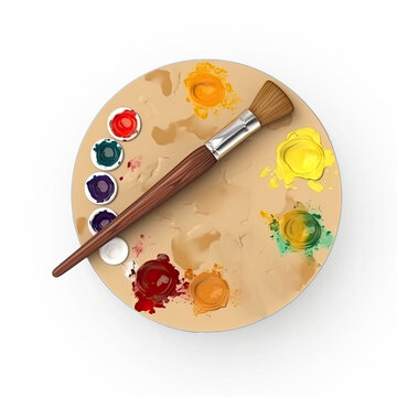 Wooden art palette with paint and a brush on white background