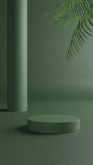 3D render beautiful green podium for whitening beauty skincare products display backdrop, templates with natural green leaves plant twig, sunlight and green pillar and background