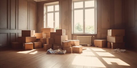 Pile of cardboard boxes in beautiful interior without furniture moving to a new apartment, concept of Moving and Storage, created with Generative AI technology