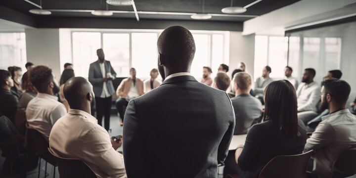 confident entrepreneur giving presentation surrounded by diverse group of attentive colleagues illustrating teamwork and leadership, created with Generative AI technology