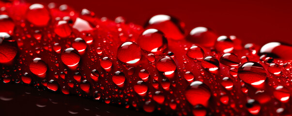 Beading drops of water on red surface, web banner, panorama, Generative AI