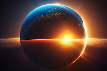a close-up of the sun peeking over the horizon, casting its golden rays across a blue globe, created with generative ai - obrazy, fototapety, plakaty