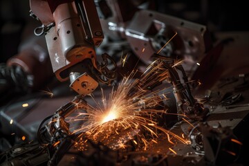 Plakat close-up of welding robot, with sparks flying and metal melting, created with generative ai