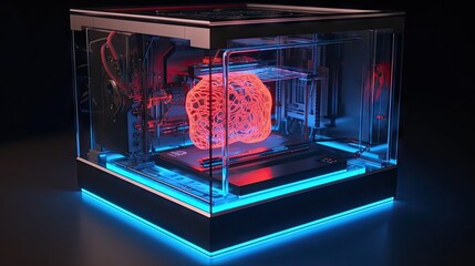 Three dimensional printing machine,3D glass cube making pink neon color brain. Blue lights, future technologies. AI generative