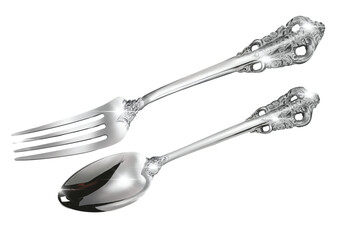 Silver cutlery, drawing depicting a spoon and a fork on a surface. hand drawn illustration. PNG