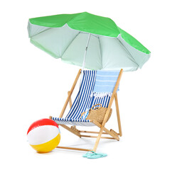 Deck chair, green umbrella and beach accessories isolated on white background