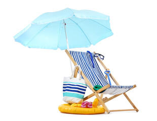 Deck chair, blue umbrella and beach accessories isolated on white background