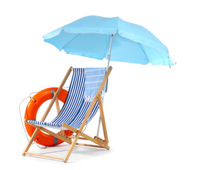 Deck chair, blue beach umbrella and ring buoy isolated on white background