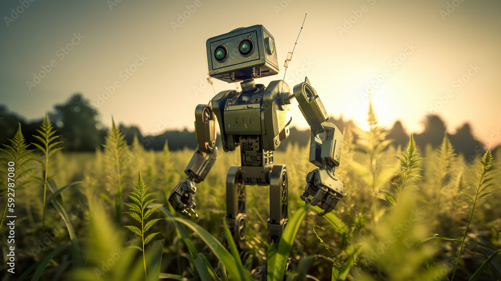 Poster a robot standing in a field of tall grass. ai generative image