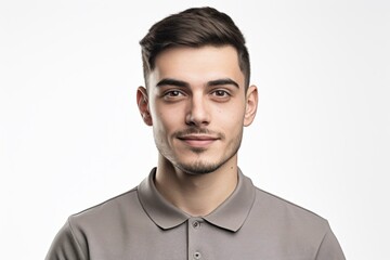 Obraz premium Group portrait photography of a satisfied man in his 20s wearing a sporty polo shirt against a white background. Generative AI