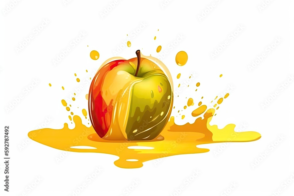 Poster red apple floating on a yellow liquid surface. generative ai