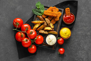 Composition with different sauces, snacks and tomatoes on black grunge table