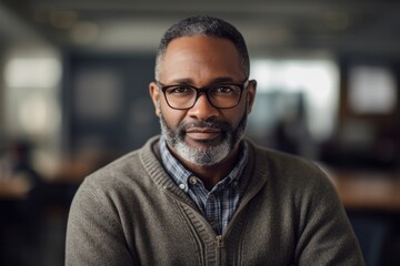 Fototapeta premium Portrait of confident mature African businessman wearing eyeglasses in office
