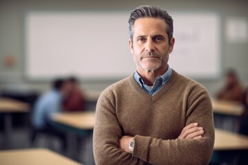 Obraz premium Portrait of mature teacher standing with arms crossed in classroom at university