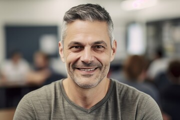 Obraz premium Portrait of handsome mature man with grey hair in casual clothes smiling at camera in office