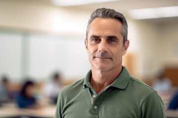 Portrait of confident mature teacher standing in classroom. Mature man looking at camera.