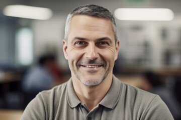 Medium shot portrait photography of a grinning man in his 40s wearing a sporty polo shirt against a classroom or educational setting background. Generative AI