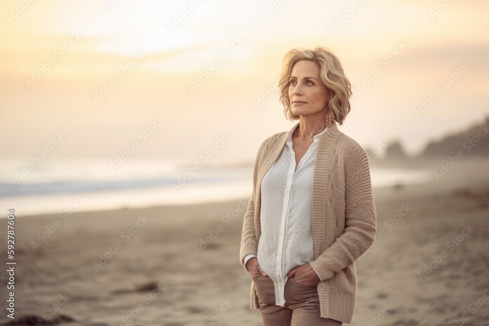 Poster Full-length portrait photography of a pleased woman in her 40s wearing a chic cardigan against a summer landscape or beach background. Generative AI