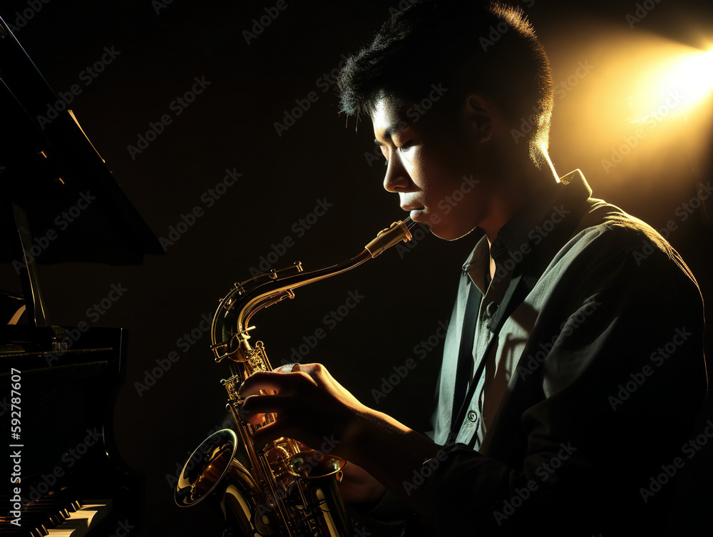 Poster a man playing a saxophone in the dark. ai generative image