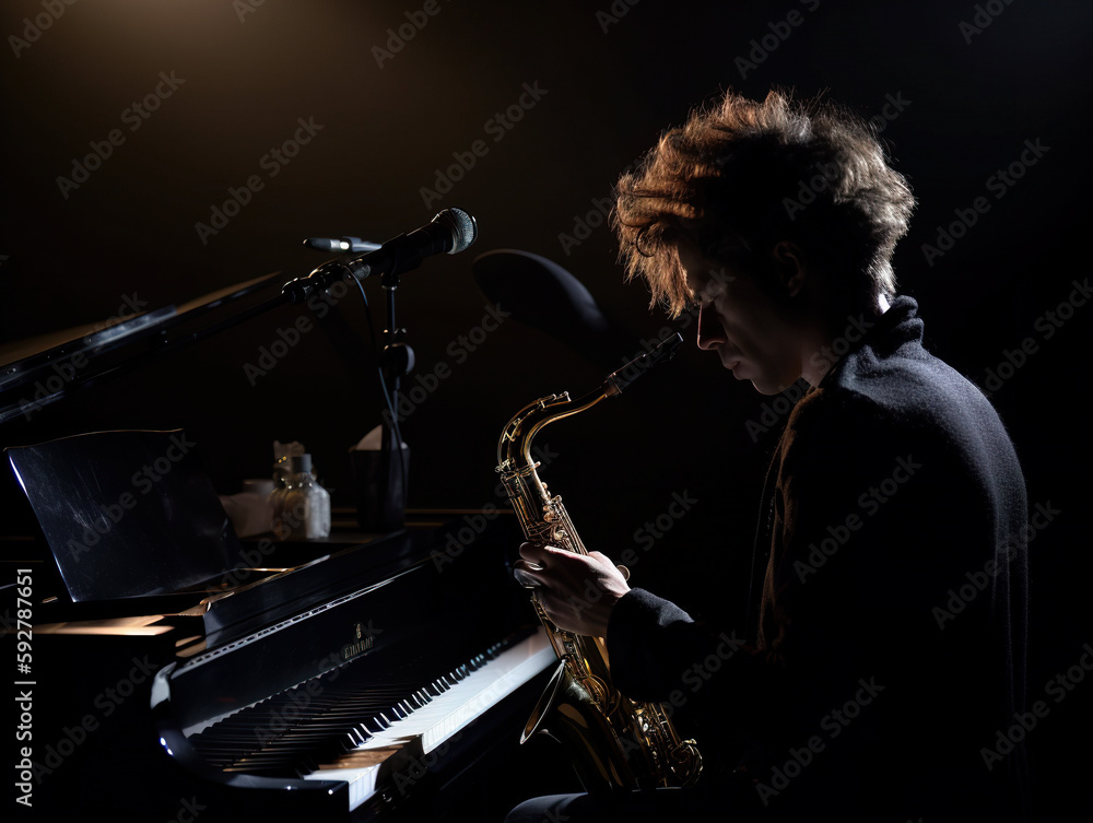 Poster a man playing a saxophone in front of a microphone. ai generative image