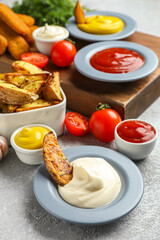 Composition with different sauces and dipped potato wedge on grey grunge table