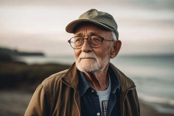 Portrait of a senior man standing on the beach at sunset.