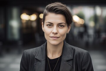 Fototapeta premium Portrait of a beautiful young woman in a business suit in the city