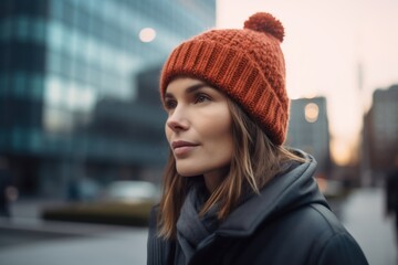 Portrait of a beautiful young woman in a red knitted hat.