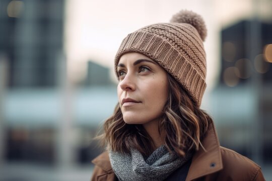 young beautiful hipster woman in brown coat and hat in the city