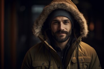 Portrait of a handsome bearded man in a warm jacket and hat