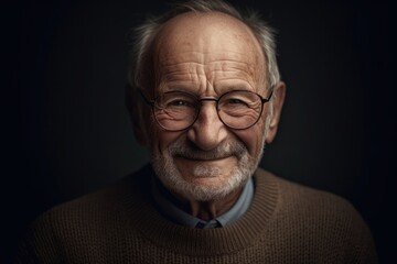 Obraz premium Close up portrait of an old man with glasses on dark background.