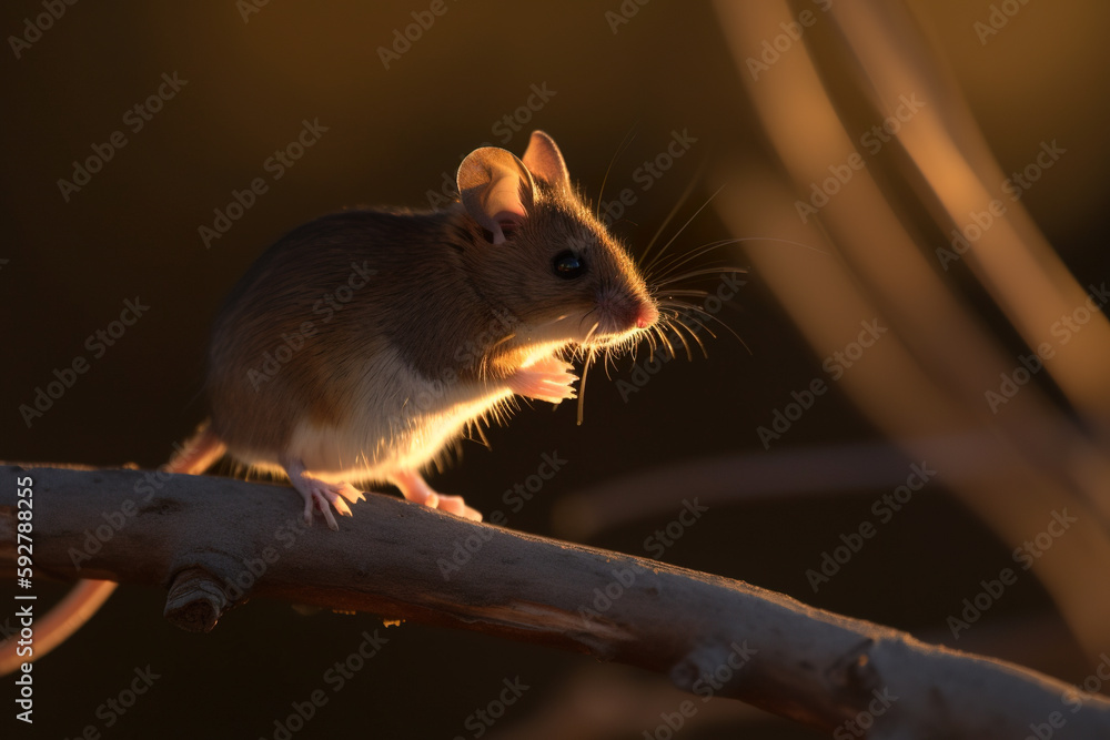 Poster a mouse sitting on top of a tree branch. ai generative image