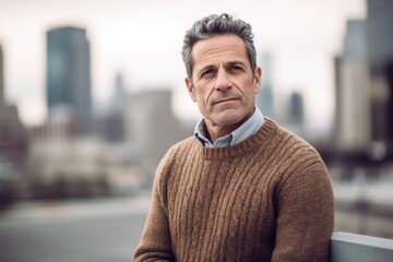 Portrait of a handsome mature man in the city. He is wearing a brown sweater.
