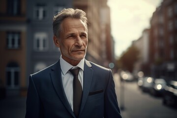 Portrait of a mature businessman in a business suit on the street