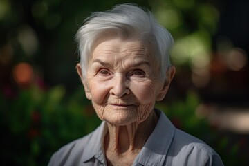 Portrait of a senior woman with grey hair in the garden.