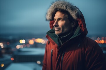 Portrait of a handsome man in a red jacket and fur hat on the background of the city.