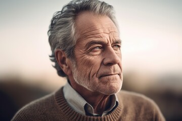 Portrait of senior man with grey hair looking at camera outdoors.