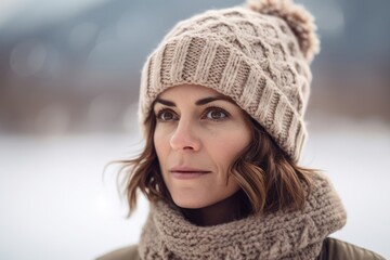 Portrait of a beautiful young woman in a hat and scarf in winter