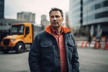 Handsome mature man with short hair wearing jacket and posing in an urban context