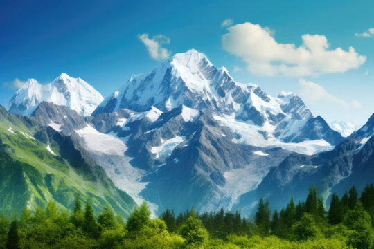 panorama of snowy mountains. AI generative image.