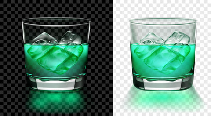 Translucent glass of green cocktail with ice cubes. Two options, for dark and light background. Transparency only in vector format