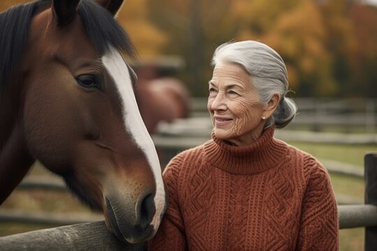 Environmental portrait photography of a satisfied woman in her 70s wearing a cozy sweater against an equestrian or horse background. Generative AI