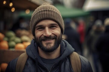 Fototapeta premium Portrait of handsome young man with beard and mustache in the market