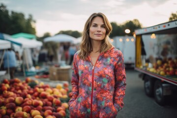 Young beautiful woman looking at camera while standing in front of fruit stall at farmers market