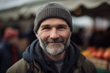 Portrait of a senior man with gray beard at a market.