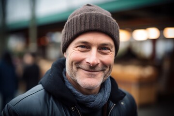 Portrait of a smiling middle-aged man wearing a hat and scarf