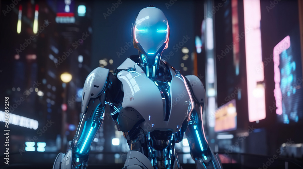 Poster a robot standing in the middle of a city at night. ai generative image